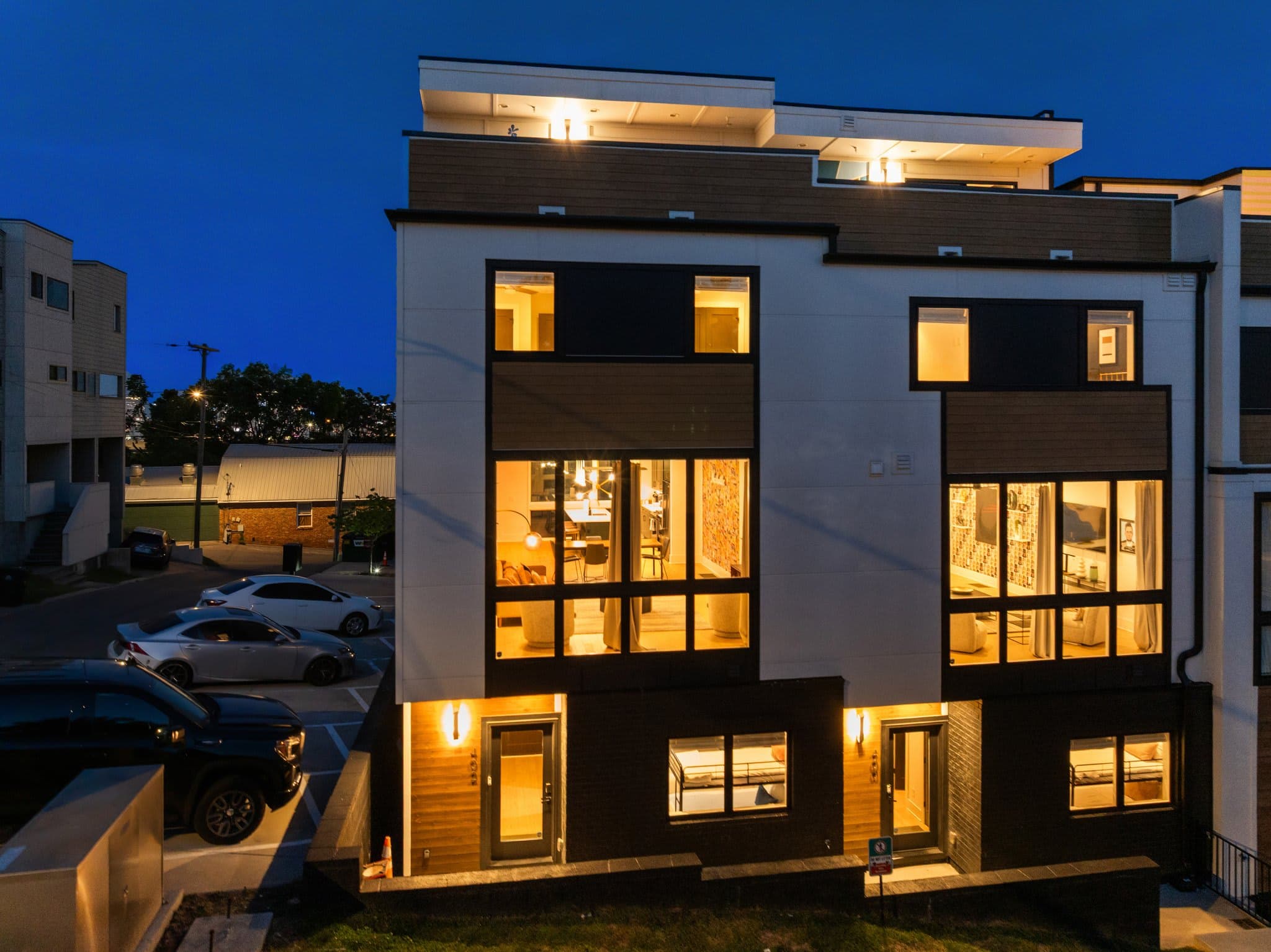 Dual Nashville Townhomes, two homes side by side at dusk